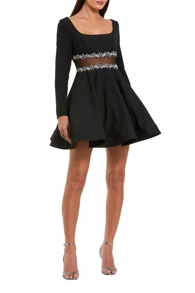 Mac Duggal Mac Duggal Long Sleeve Crepe Mini Dress With Jewel Detail