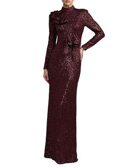 Mac Duggal Mac Duggal Long Sleeve Flower Detail Sequin Gown