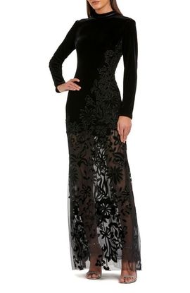 Mac Duggal Mac Duggal Long Sleeve Sheer Floral Embroidered Velvet Dress