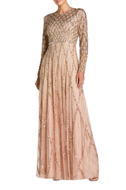 Mac Duggal Mac Duggal Ombre Mesh Sequin Long Sleeve A Line Gown