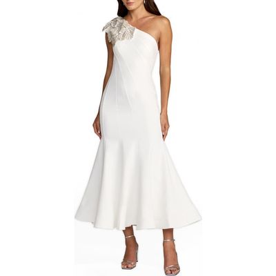 Mac Duggal Mac Duggal One-Shoulder Crepe Midi Dress with Floral Appliqué