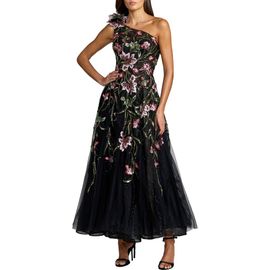 Mac Duggal Mac Duggal One Shoulder Floral Embellished Tulle Midi Dress