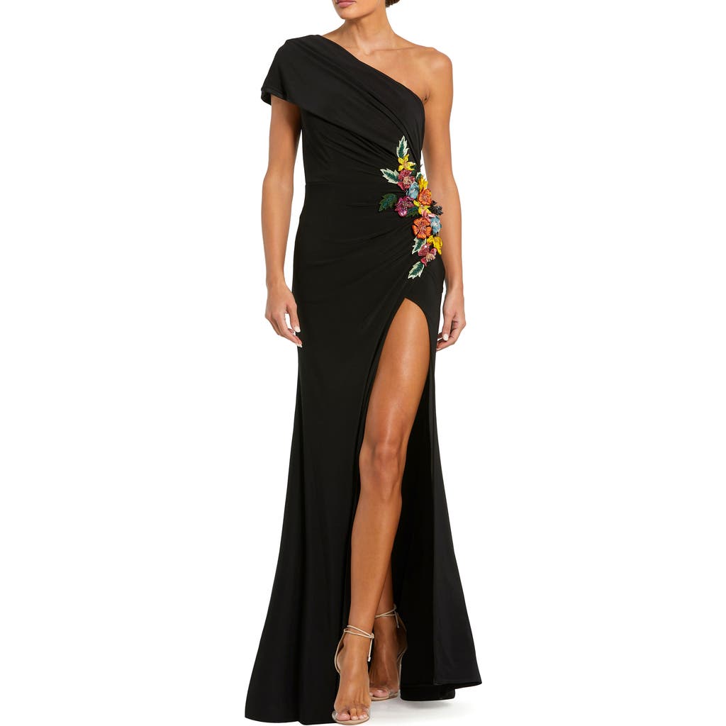 Mac Duggal Mac Duggal One Shoulder Jersey Gown with Beaded Floral Appliqué
