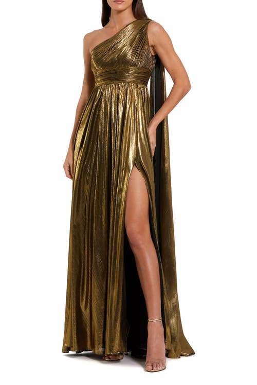 Mac Duggal Mac Duggal One Shoulder Metallic Stretch Gown With Float