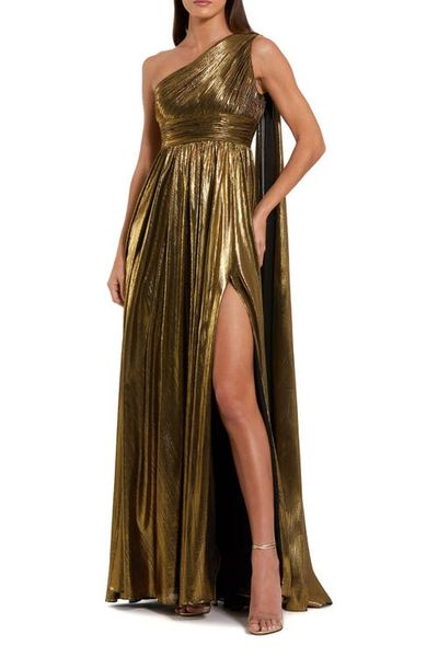 Mac Duggal Mac Duggal One Shoulder Metallic Stretch Gown With Float