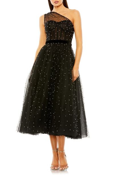 Mac Duggal Mac Duggal One Shoulder Pearl Beaded Midi Ballgown