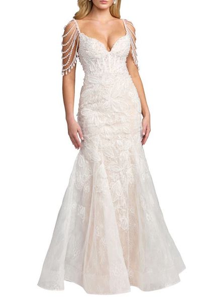 Mac Duggal Mac Duggal Pearl Embellished Floral Lace Mermaid Gown