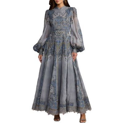Mac Duggal Mac Duggal Petite Baroque Print Bishop Sleeve A-Line Ankle Dress
