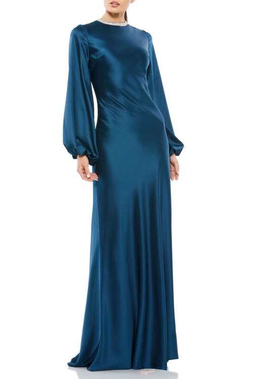 Mac Duggal Mac Duggal Petite Beaded High Neck Bishop Sleeve Satin Gown