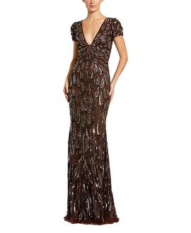 Mac Duggal Mac Duggal Petite Beaded Sequin V-Neck Cap Sleeve Fitted Column Gown