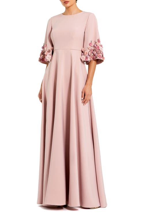Mac Duggal Mac Duggal Petite Crepe 3/4 Sleeve A-line Gown With Flower Trim
