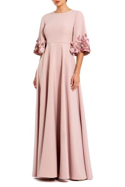 Mac Duggal Mac Duggal Petite Crepe 3/4 Sleeve A-line Gown With Flower Trim