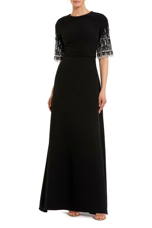 Mac Duggal Mac Duggal Petite Crepe A Line Gown With Beaded 3/4 Sleeves