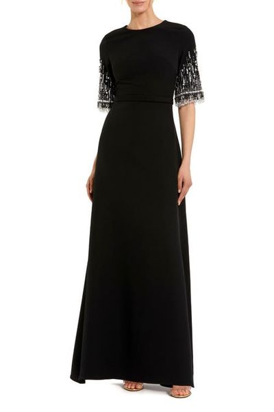 Mac Duggal Mac Duggal Petite Crepe A Line Gown With Beaded 3/4 Sleeves