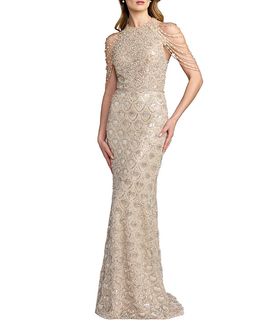 Mac Duggal Mac Duggal Petite Draped Pearl Beaded Embroidered Column Gown