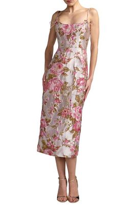 Mac Duggal Mac Duggal Petite Floral Brocade Midi Dress with Bow Tie Straps