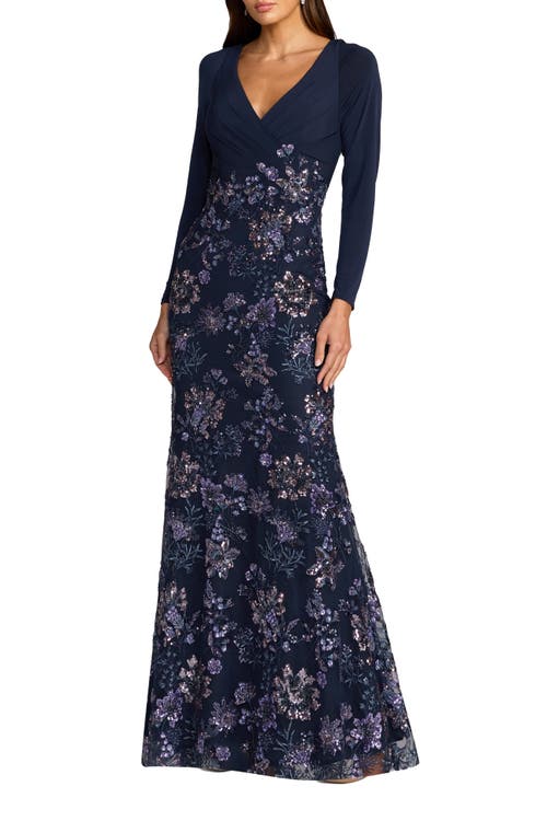 Mac Duggal Mac Duggal Petite Floral Embroidered Jersey Long Sleeve Gown