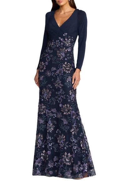 Mac Duggal Mac Duggal Petite Floral Embroidered Jersey Long Sleeve Gown