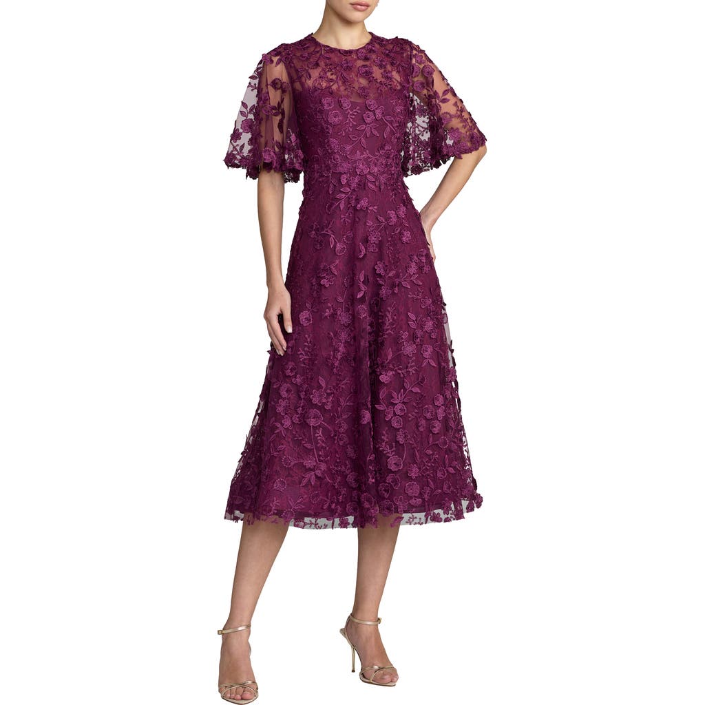 Mac Duggal Mac Duggal Petite Flutter Sleeve Floral Emboridered Midi Dress