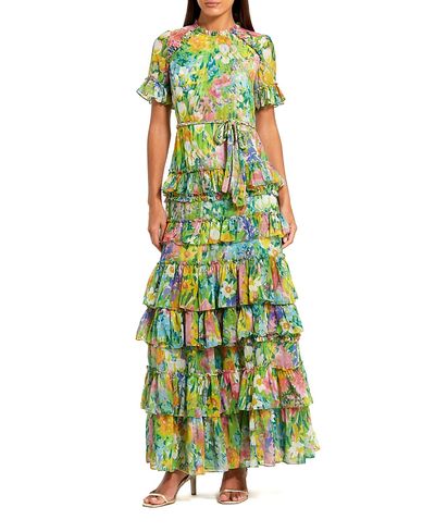 Mac Duggal Mac Duggal Petite Green Ruffle Tiered Chiffon Floral Dress