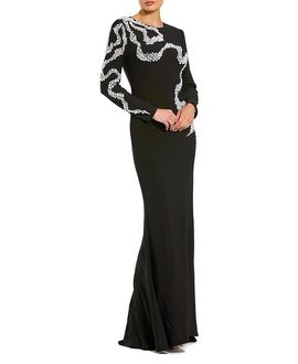 Mac Duggal Mac Duggal Petite Jersey Evening Gown With Beaded Swirl Detail