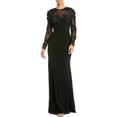 Mac Duggal Mac Duggal Petite Jersey Long Sleeve Fitted Gown With Floral Beading