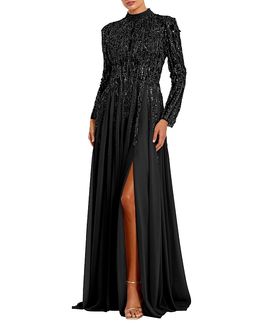 Mac Duggal Mac Duggal Petite Long Sleeve High Neck Embellished Satin Gown