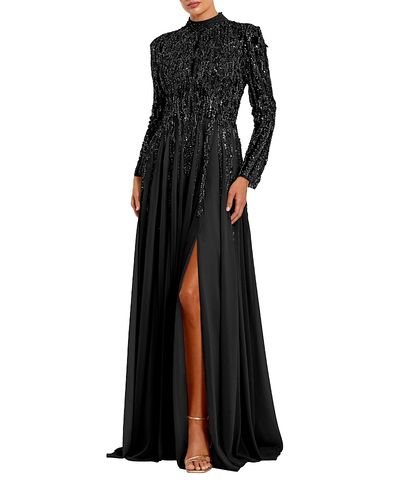 Mac Duggal Mac Duggal Petite Long Sleeve High Neck Embellished Satin Gown