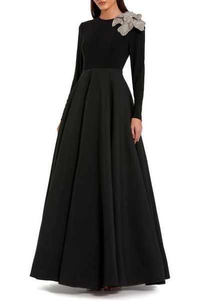 Mac Duggal Mac Duggal Petite Long Sleeve Taffeta 3D Flower Ball Gown