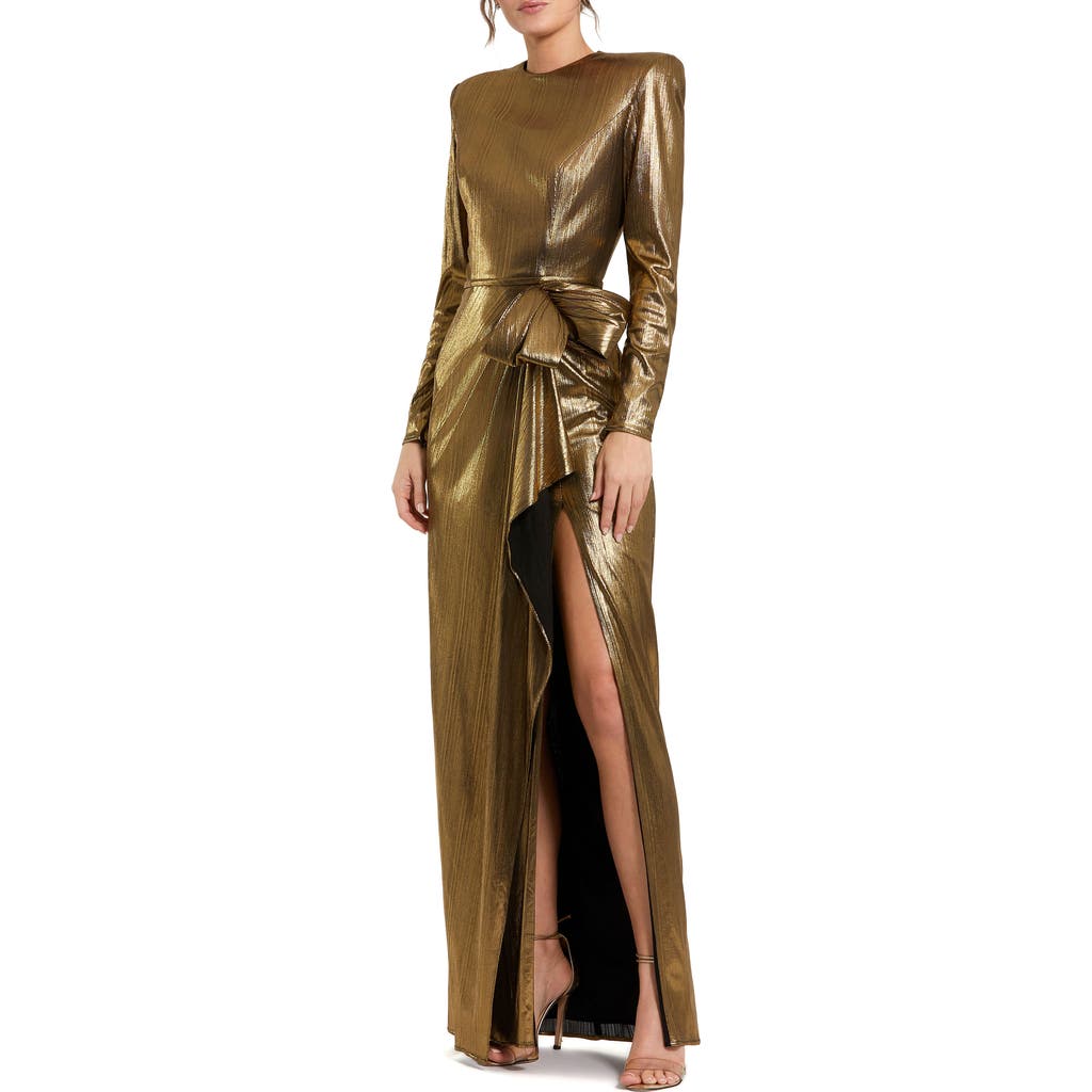Mac Duggal Mac Duggal Petite Metallic Long Sleeve Bow Detail Gown