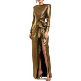 Mac Duggal Mac Duggal Petite Metallic Long Sleeve Bow Detail Gown