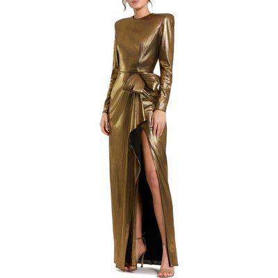 Mac Duggal Mac Duggal Petite Metallic Long Sleeve Bow Detail Gown