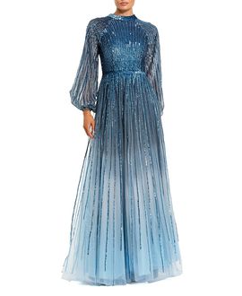 Mac Duggal Mac Duggal Petite Ombre Beaded Bishop Sleeve A-Line Gown