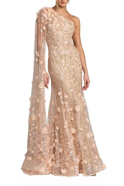 Mac Duggal Mac Duggal Petite One Shoulder Embellished Gown With Cape Sleeve