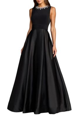 Mac Duggal Mac Duggal Petite Pearl-Embellished High-Neck Sleeveless A-Line Evening Gown