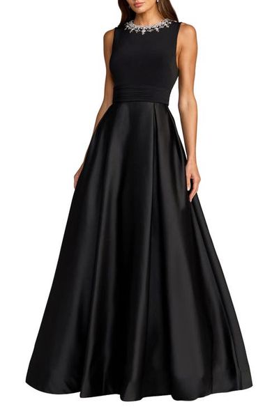Mac Duggal Mac Duggal Petite Pearl-Embellished High-Neck Sleeveless A-Line Evening Gown