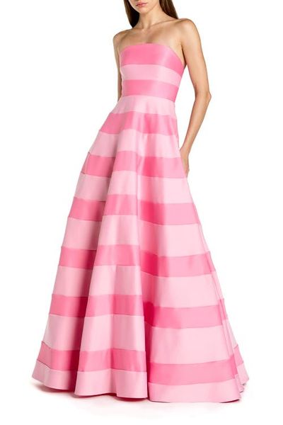 Mac Duggal Mac Duggal Petite Pink Striped Satin Strapless Ballgown With Pockets