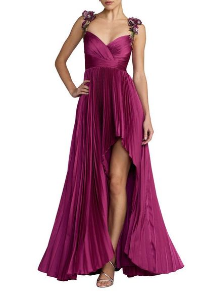 Mac Duggal Mac Duggal Petite Pleated High Low Gown With 3D Floral Straps
