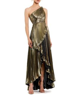 Mac Duggal Mac Duggal Petite Pleated Metallic One Shoulder High Low Gown