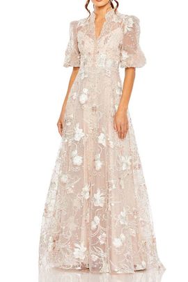 Mac Duggal Mac Duggal Petite Queen Anne Puff Sleeve A-Line Gown