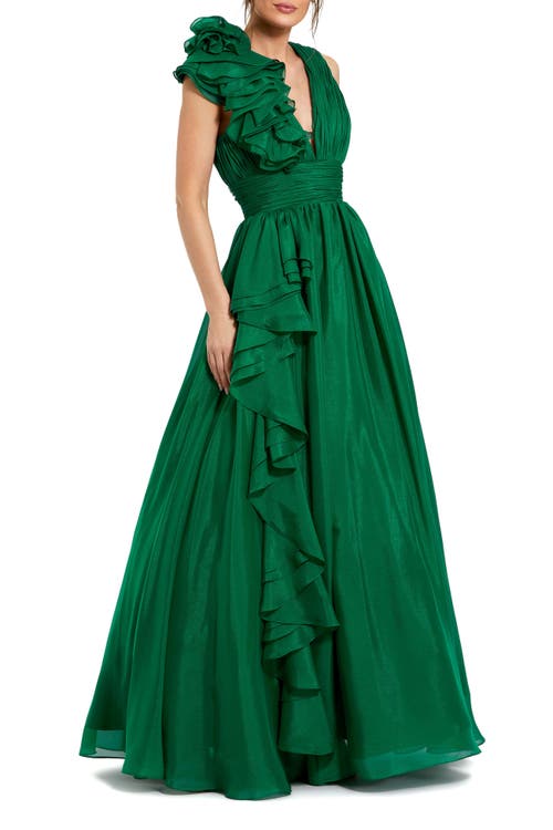 Mac Duggal Mac Duggal Petite Ruffle Shoulder V-Neck Chiffon Gown