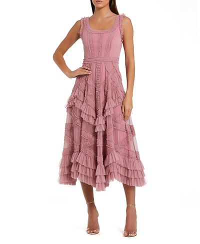 Mac Duggal Mac Duggal Petite Scoop Neck Sleeveless Mesh Micro Ruffle Midi Dress