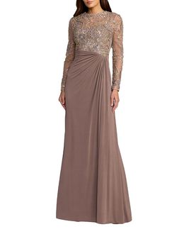 Mac Duggal Mac Duggal Petite Sequin Embroidered Long Sleeve Jersey Skirt Gown