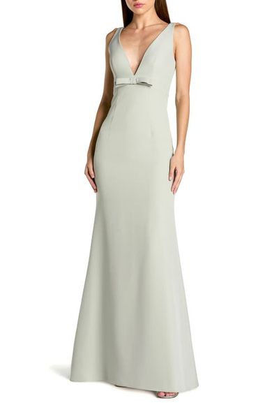 Mac Duggal Mac Duggal Petite Sleeveless Crepe V Neck Bow Detail Sheath Gown