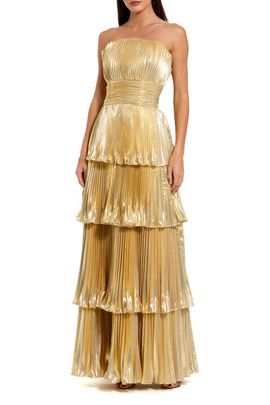 Mac Duggal Mac Duggal Petite Strapless Metallic Pleated Tiered Gown