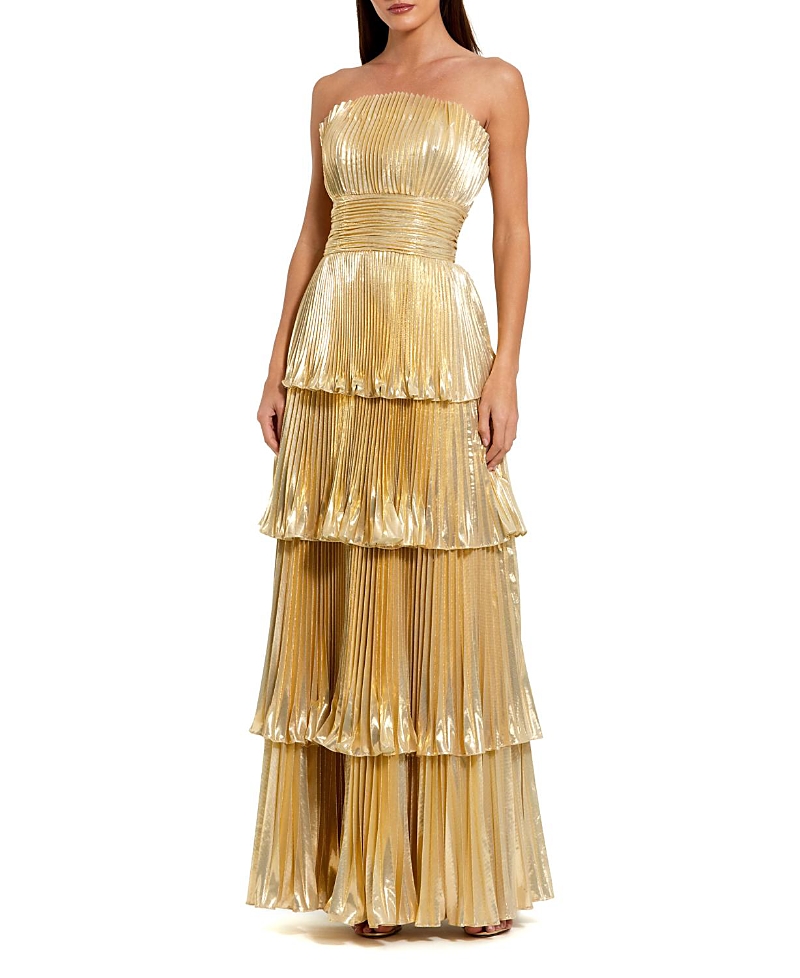 Mac Duggal Mac Duggal Petite Strapless Pleated Metallic Layered High Low Gown