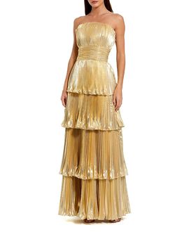 Mac Duggal Mac Duggal Petite Strapless Pleated Metallic Layered High Low Gown