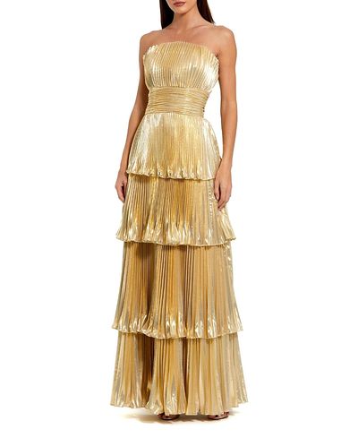 Mac Duggal Mac Duggal Petite Strapless Pleated Metallic Layered High Low Gown