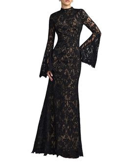 Mac Duggal Mac Duggal Petite White Mock Neck Long Sleeve Lace Gown