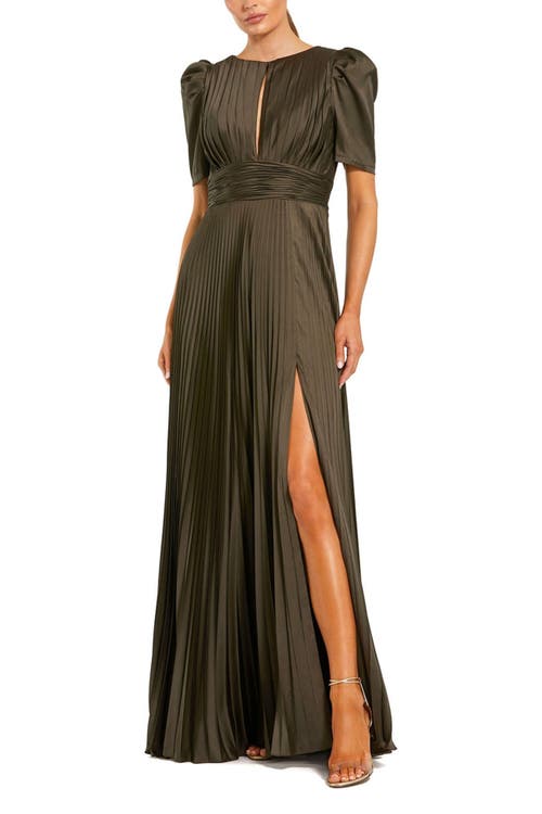 Mac Duggal Mac Duggal Pleated Charmeuse Puff Sleeve Evening Gown With Slit